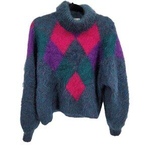 Sylvia Mary womens large blue argyle print turtle cowl neck mohair blend sweater